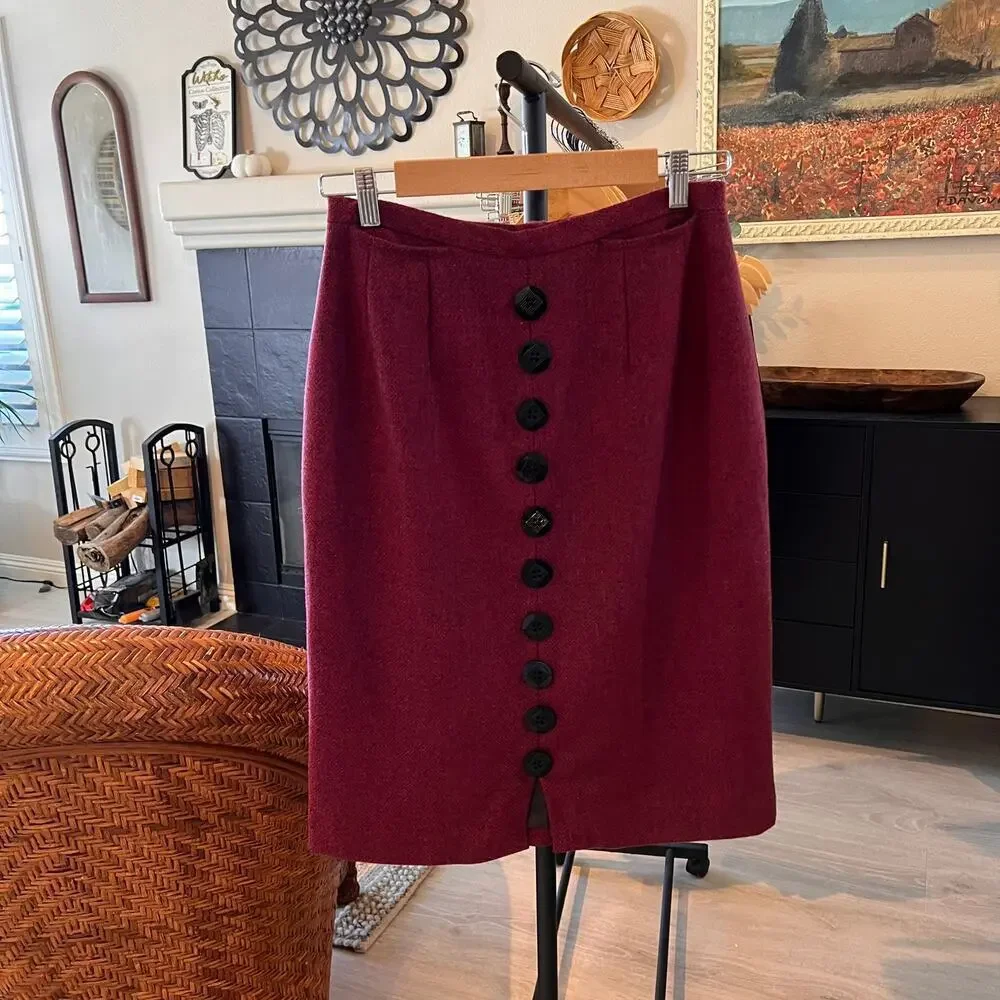 Harve Benard Skirt Womens Size 6 Vintage Red Burgundy Geometric 100% Wool